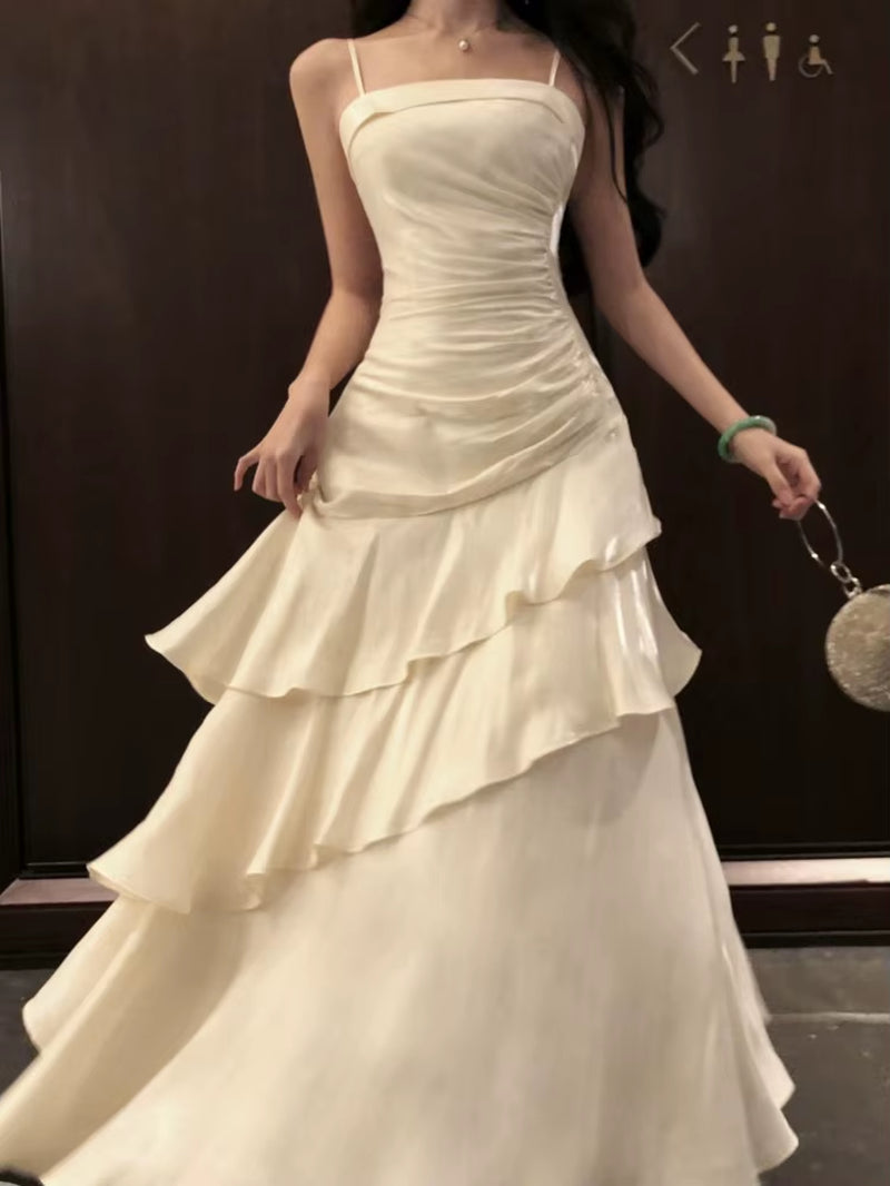 French Elegant Ruffles Sling Women'S Mermaid Dresses Prom Gown Soild Zipper Tierred Shoulder Dress 2025 Summer Chic New Vestidos