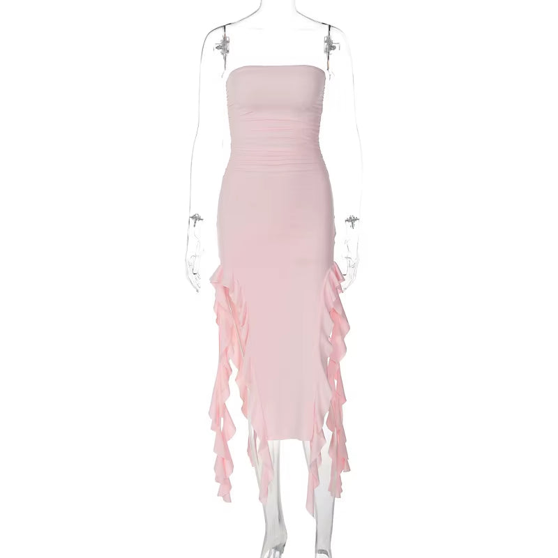 Sexy Tassel Fairy Dress Aesthetic Tube Tops 2024 Summer Irregular Midi Dresses Elegant Beach Party Outfits Women'S Robe Vestidos