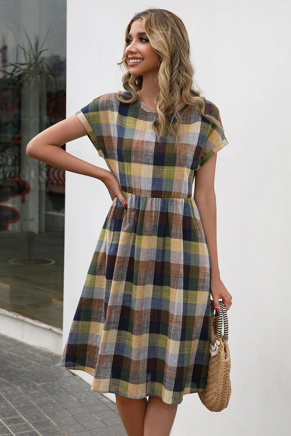 Ivy Lane Plaid round Neck Cap Sleeve Dress