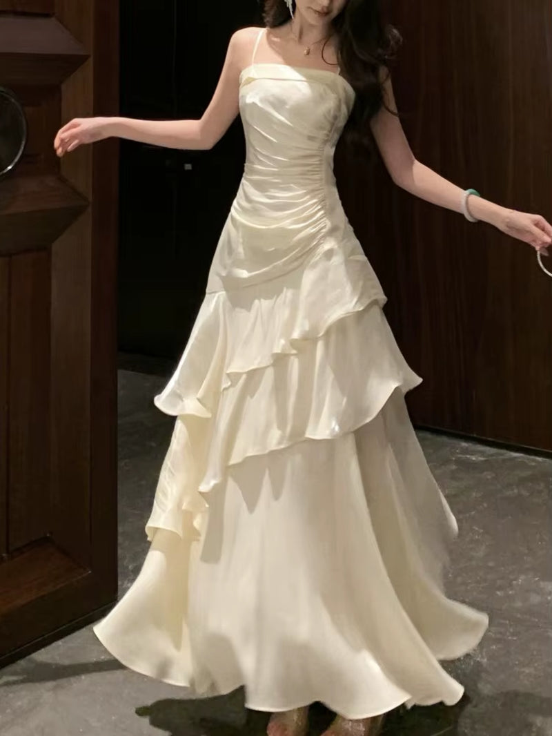 French Elegant Ruffles Sling Women'S Mermaid Dresses Prom Gown Soild Zipper Tierred Shoulder Dress 2025 Summer Chic New Vestidos