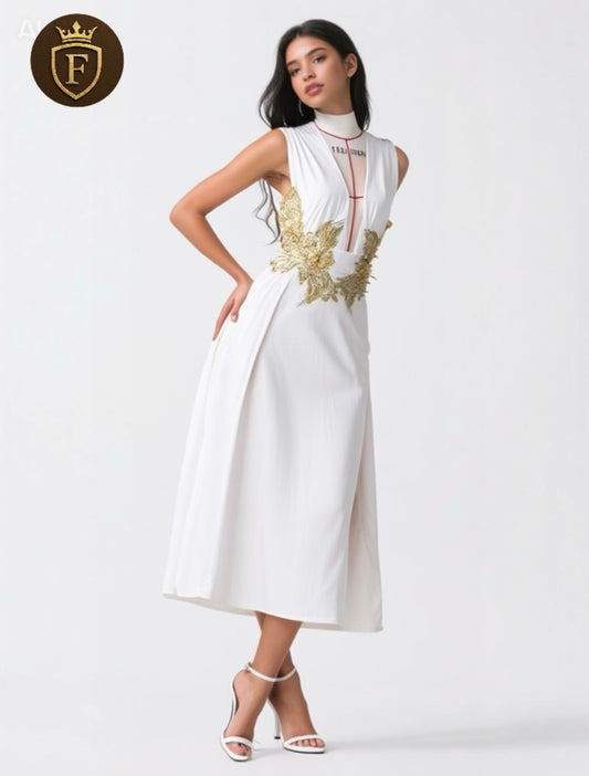 Vintage •Floral Appliques Greek Goddess Dress Women Deep V Neck Prom Fairy Dress High Split Wedding Cocktail Night Party Dress