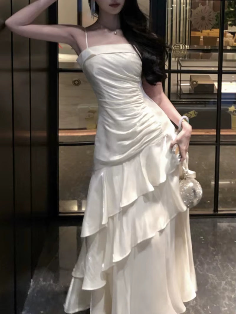 French Elegant Ruffles Sling Women'S Mermaid Dresses Prom Gown Soild Zipper Tierred Shoulder Dress 2025 Summer Chic New Vestidos