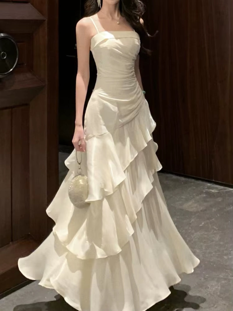 French Elegant Ruffles Sling Women'S Mermaid Dresses Prom Gown Soild Zipper Tierred Shoulder Dress 2025 Summer Chic New Vestidos