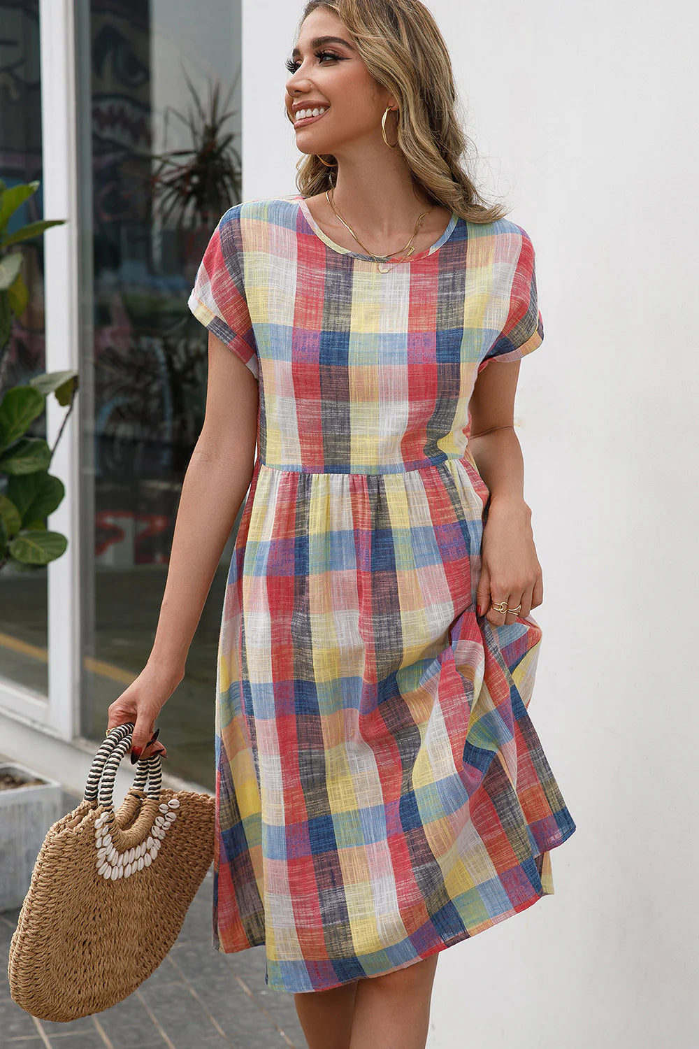 Ivy Lane Plaid round Neck Cap Sleeve Dress