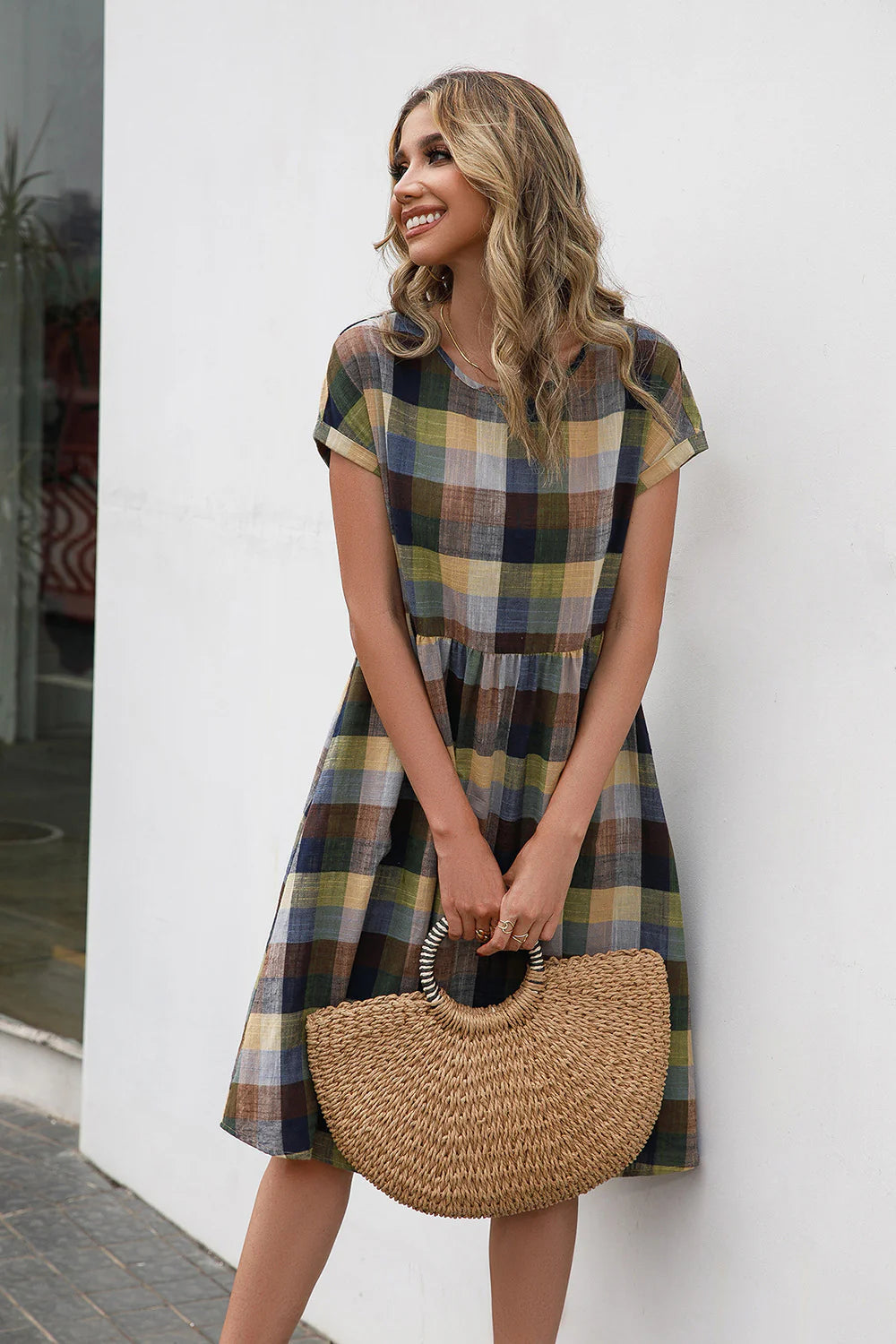 Ivy Lane Plaid round Neck Cap Sleeve Dress