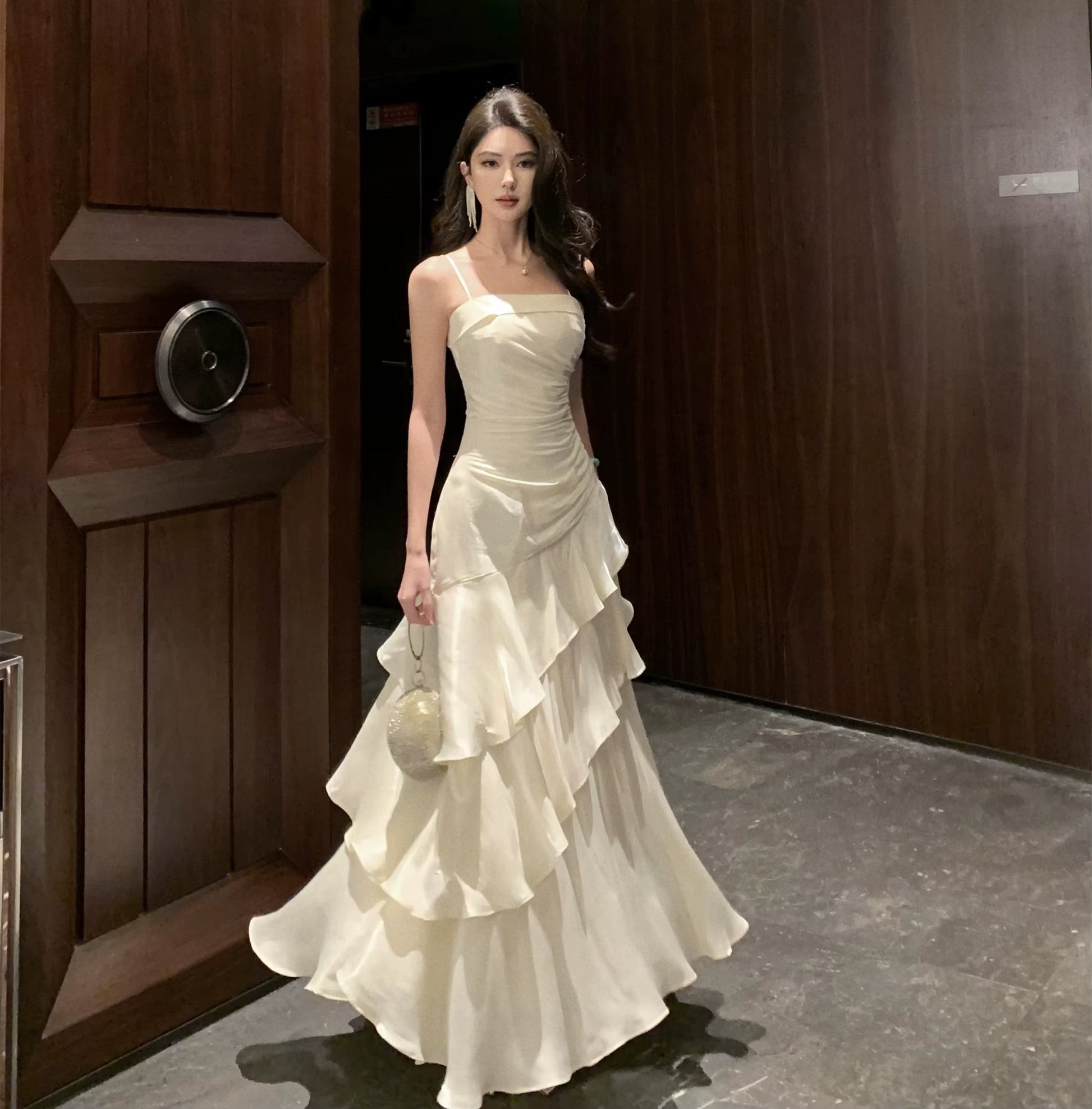 French Elegant Ruffles Sling Women'S Mermaid Dresses Prom Gown Soild Zipper Tierred Shoulder Dress 2025 Summer Chic New Vestidos