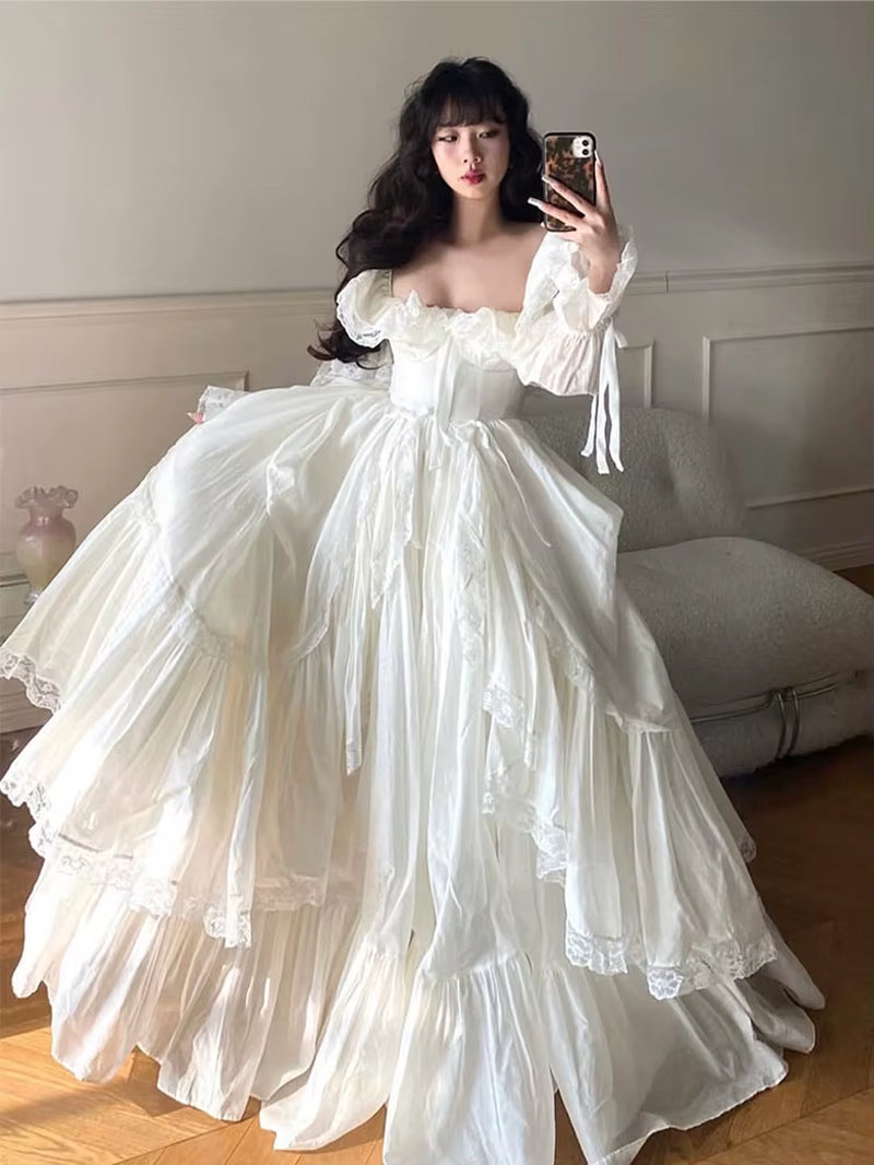 Simple A-Line Wedding Dresses Lace Floor-Length Full Sleeve Bow Brides Gown Custom Made 2025