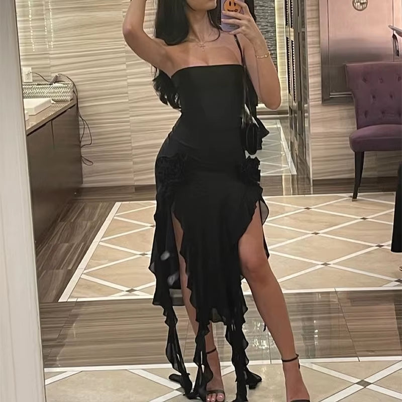 Sexy Tassel Fairy Dress Aesthetic Tube Tops 2024 Summer Irregular Midi Dresses Elegant Beach Party Outfits Women'S Robe Vestidos