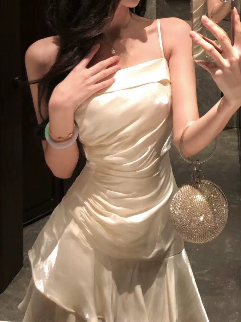 French Elegant Ruffles Sling Women'S Mermaid Dresses Prom Gown Soild Zipper Tierred Shoulder Dress 2025 Summer Chic New Vestidos