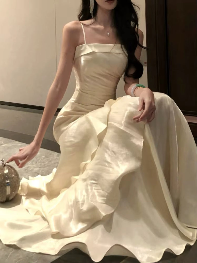 French Elegant Ruffles Sling Women'S Mermaid Dresses Prom Gown Soild Zipper Tierred Shoulder Dress 2025 Summer Chic New Vestidos