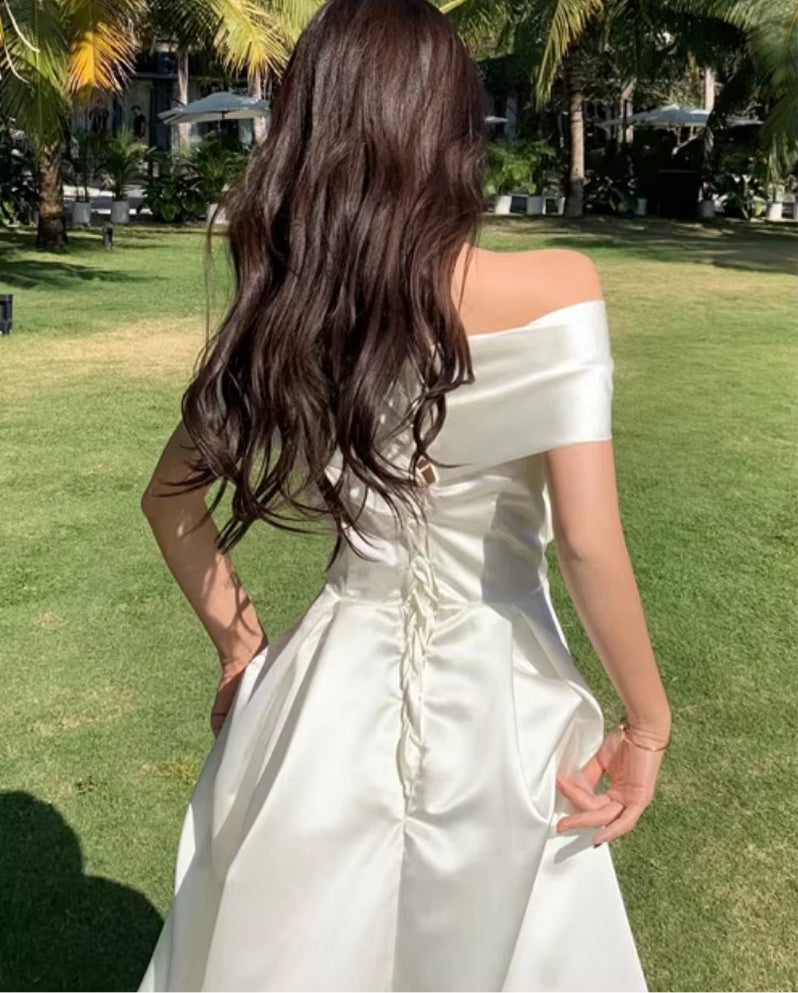 Bow Slash Neck Sexy Dress Summer Women White Fairy Elegant A-Line Midi Dresses Female Party Prom Clothes Vestdios