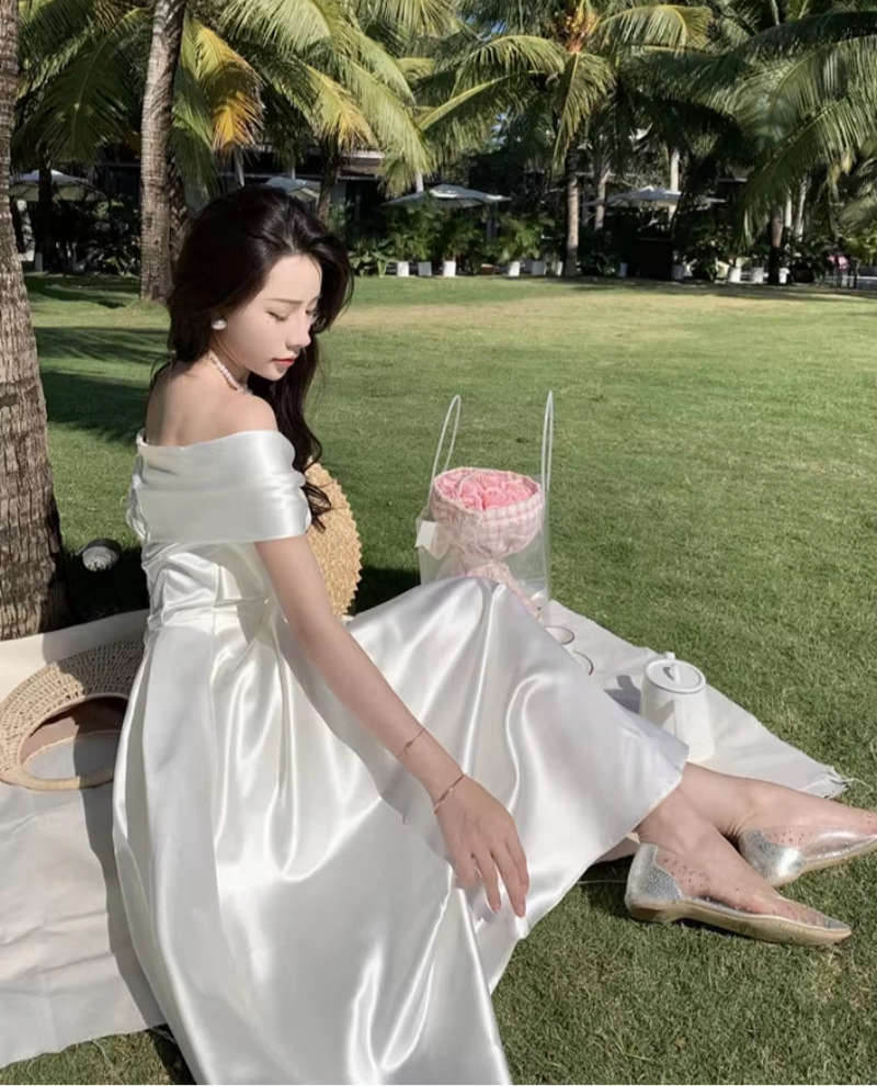 Bow Slash Neck Sexy Dress Summer Women White Fairy Elegant A-Line Midi Dresses Female Party Prom Clothes Vestdios