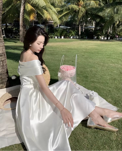 Bow Slash Neck Sexy Dress Summer Women White Fairy Elegant A-Line Midi Dresses Female Party Prom Clothes Vestdios