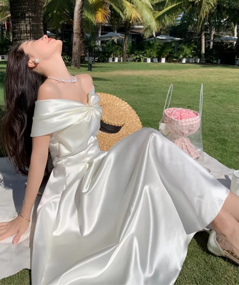 Bow Slash Neck Sexy Dress Summer Women White Fairy Elegant A-Line Midi Dresses Female Party Prom Clothes Vestdios