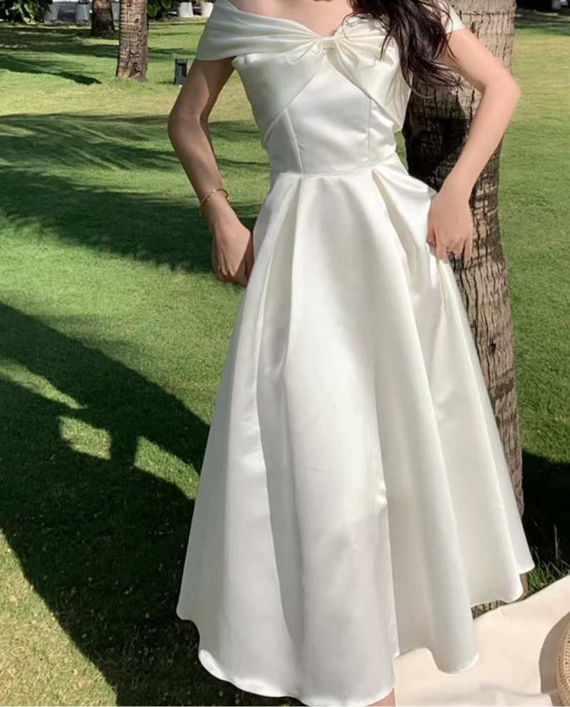Bow Slash Neck Sexy Dress Summer Women White Fairy Elegant A-Line Midi Dresses Female Party Prom Clothes Vestdios
