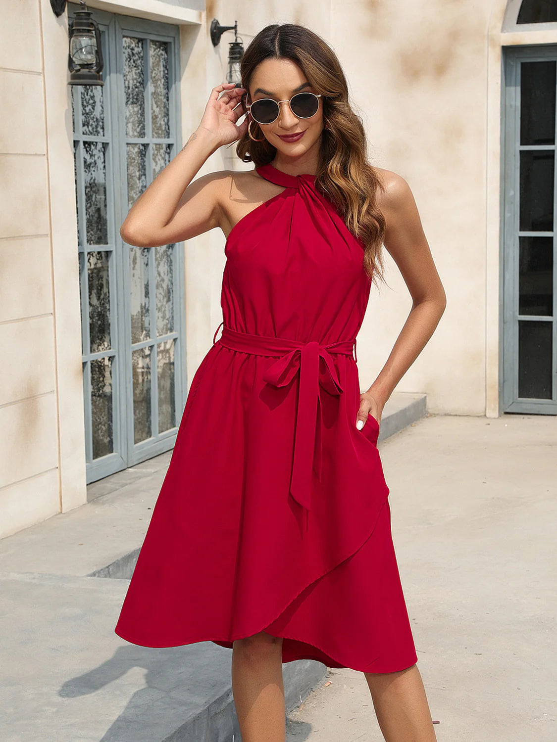 Tied round Neck Sleeveless Dress
