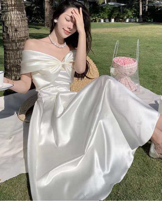 Bow Slash Neck Sexy Dress Summer Women White Fairy Elegant A-Line Midi Dresses Female Party Prom Clothes Vestdios