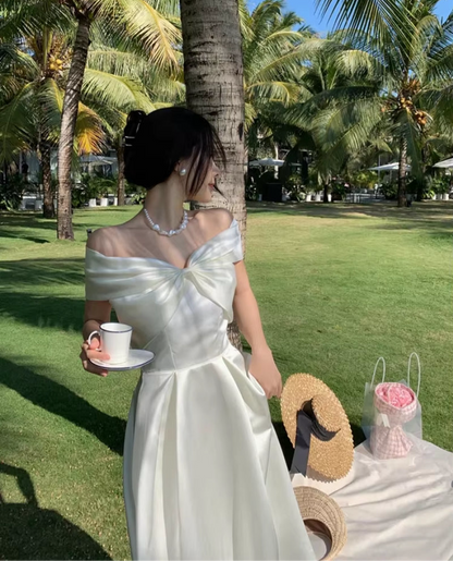 Bow Slash Neck Sexy Dress Summer Women White Fairy Elegant A-Line Midi Dresses Female Party Prom Clothes Vestdios